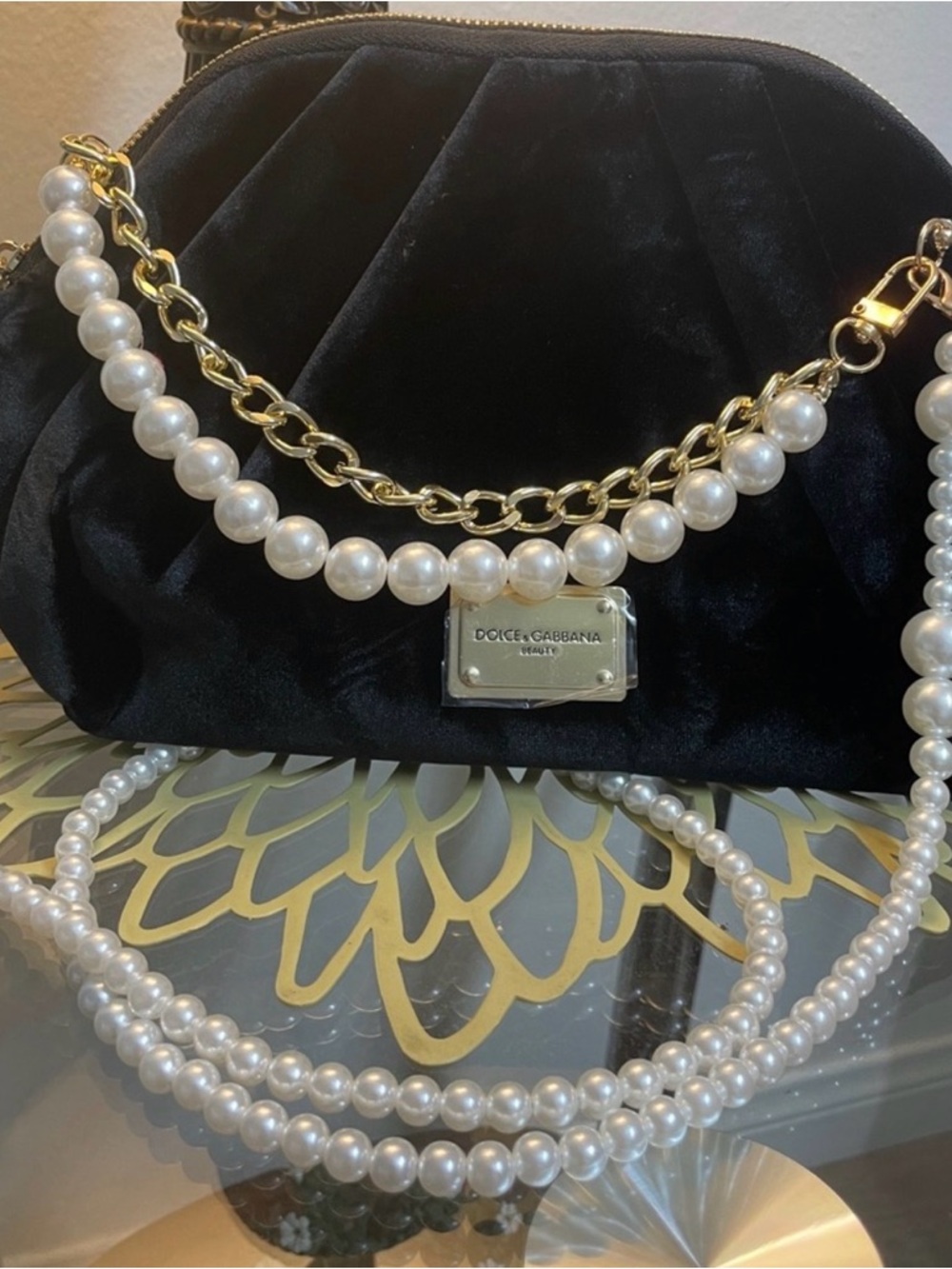 Dolce & Gabbana Black Velvet Pearl-Accent Chain Shoulder Bag